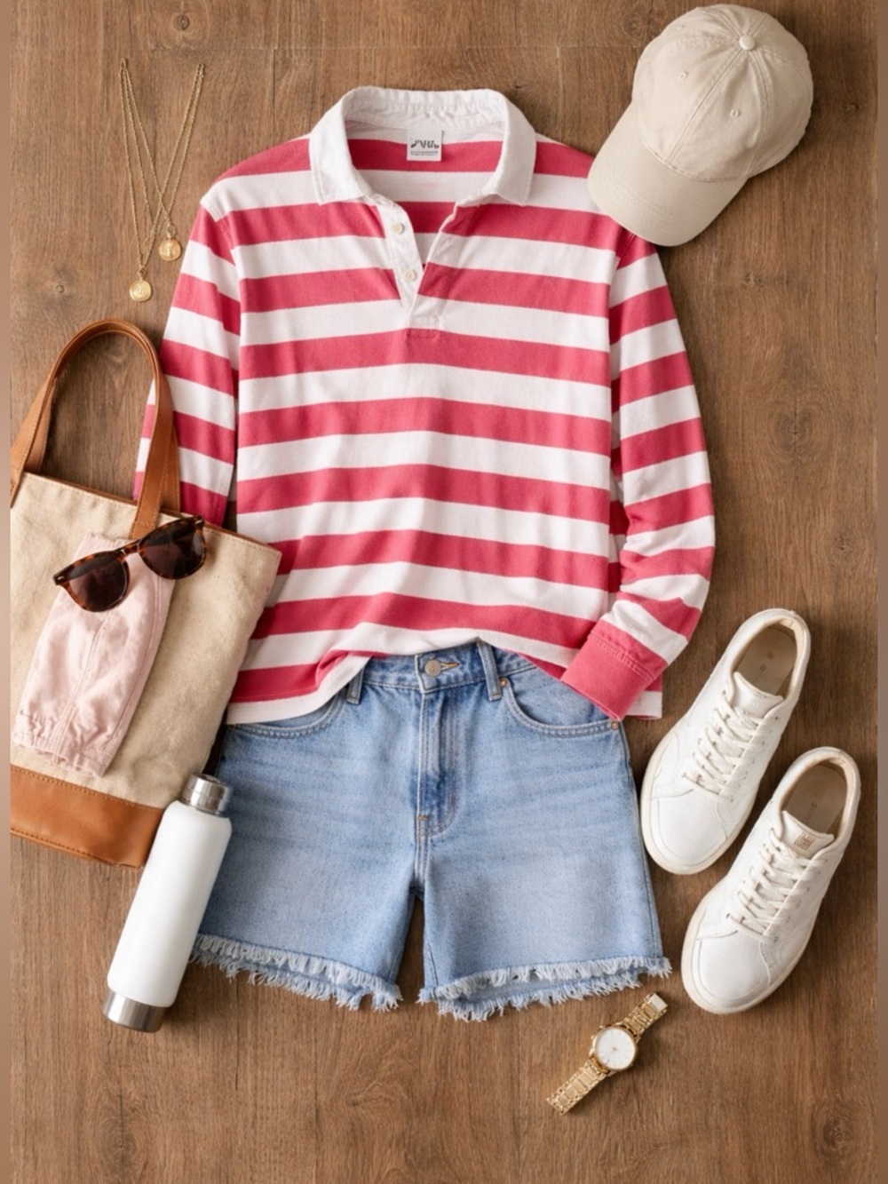 Zara Long Sleeve Pink and White Striped Polo